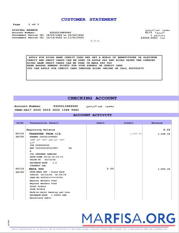 Realistic Saudi Arabia Riyad bank statement word example